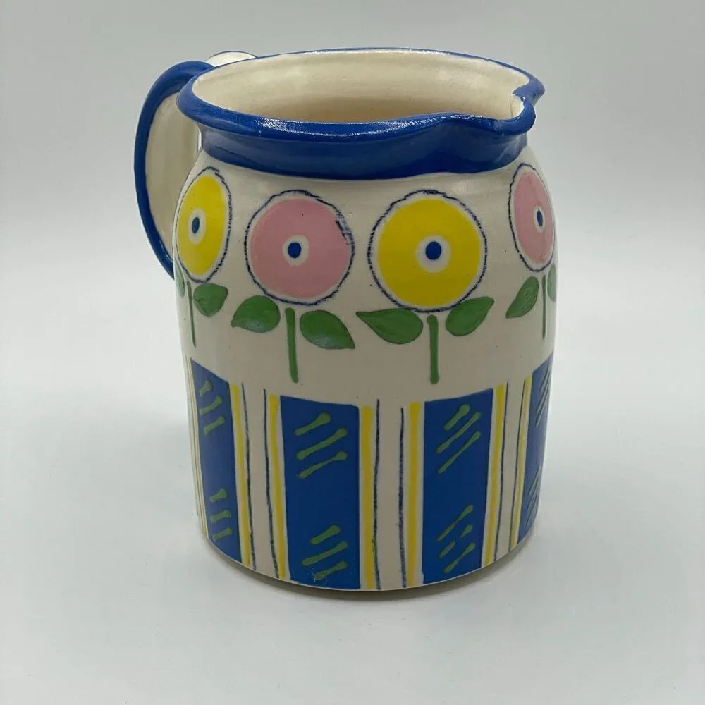 Elisa Keitzer 1987 Vintage Studio Pottery Floral Ceramic Hand Paint Pitcher 5.5